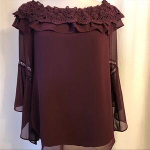 WHBM Burgundy Flowy Crochet Trim Blouse Sz M EUC